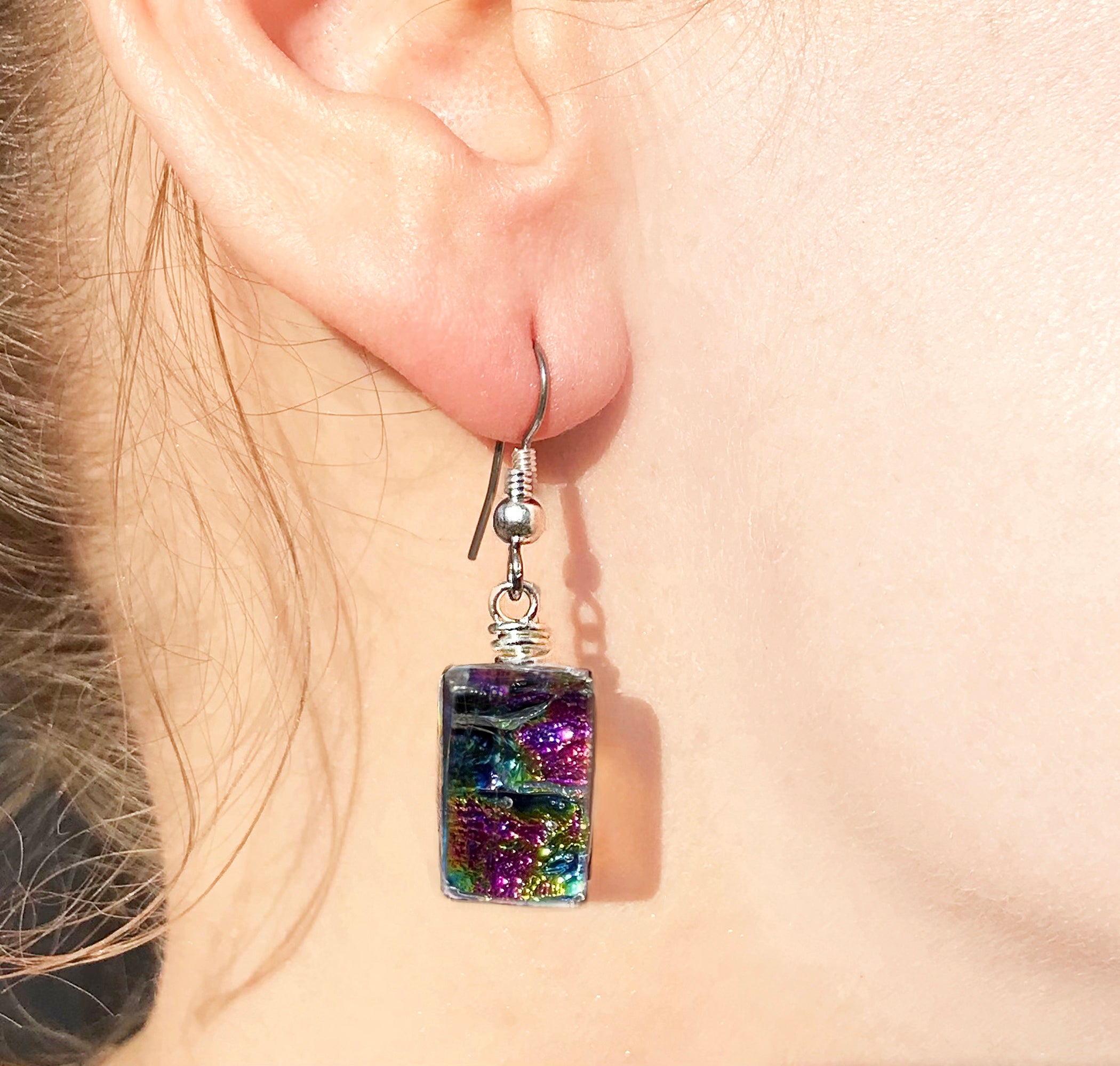 Dichroic Glass  Earrings - Rainbow Purple