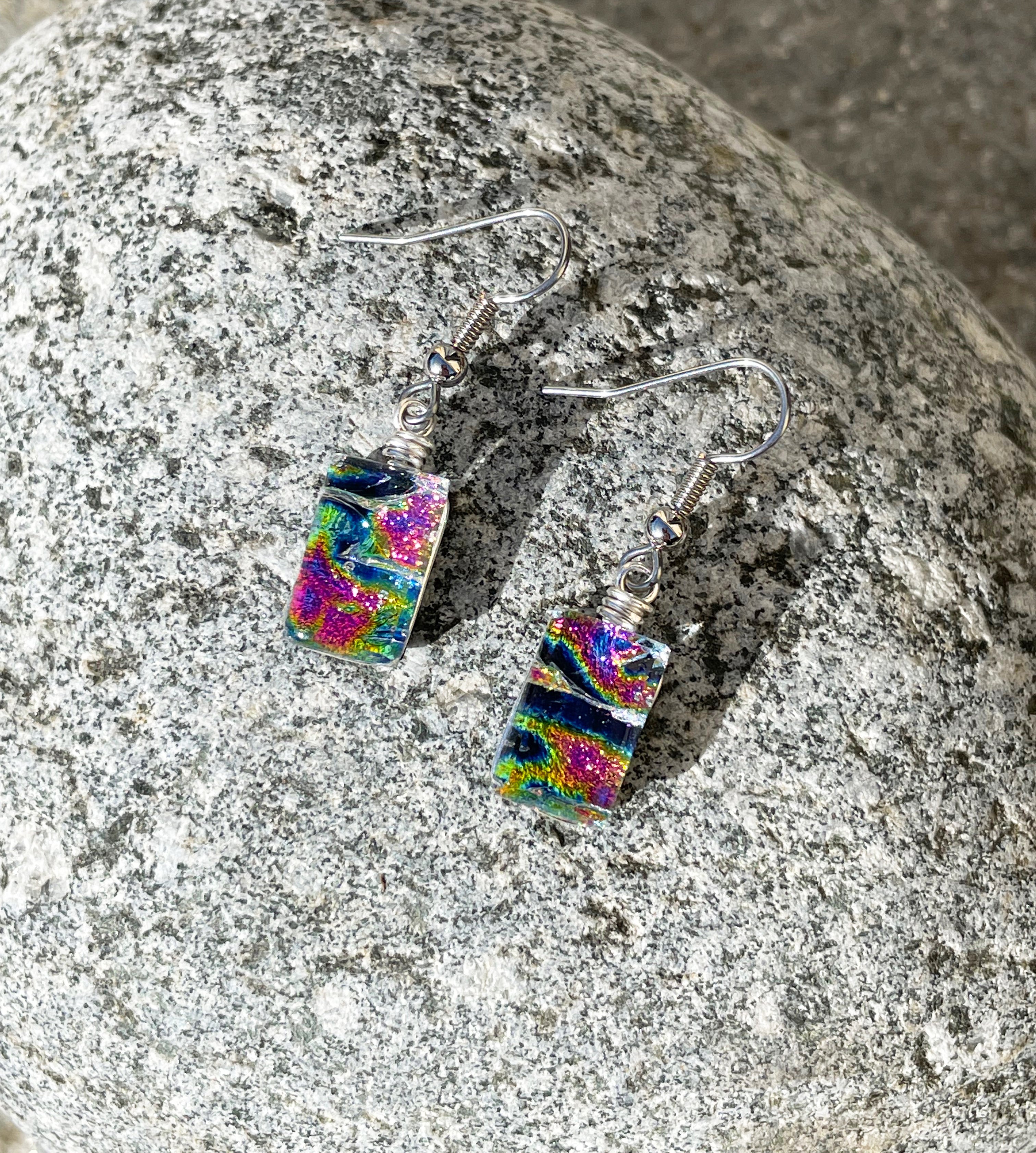 Dichroic Glass  Earrings - Rainbow Purple