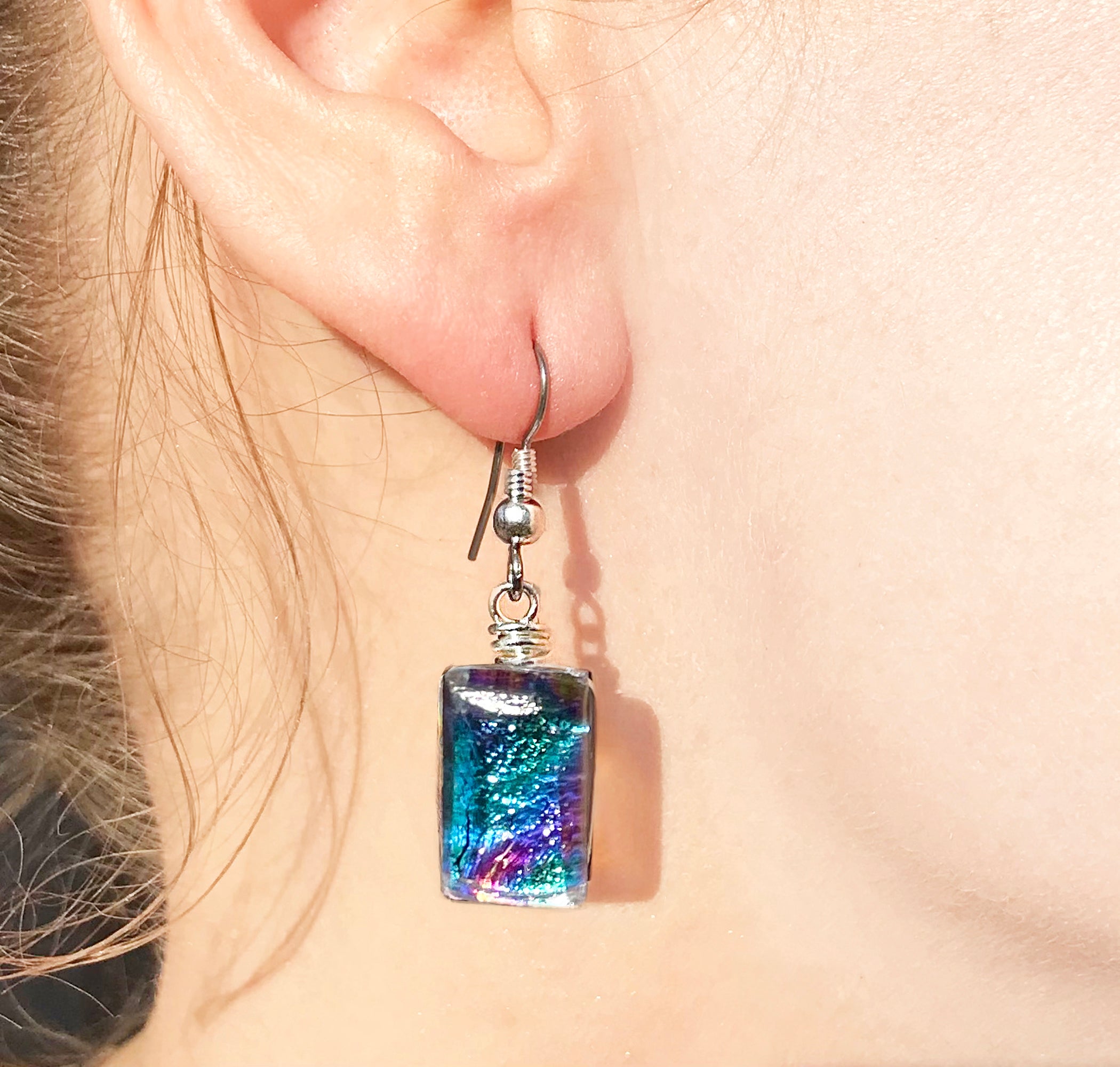 Dichroic Glass  Earrings - Rainbow Teal