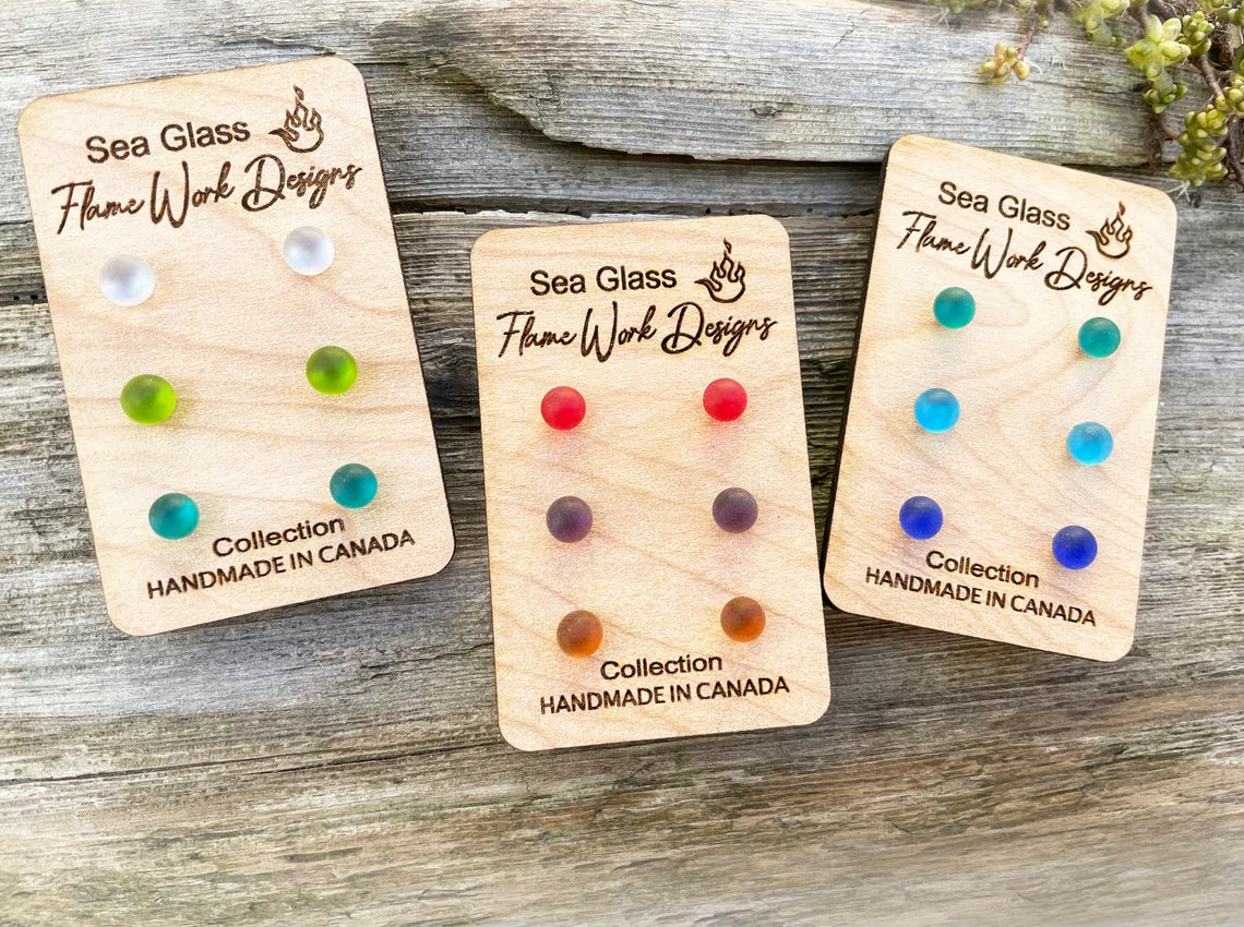 Sea Glass Earring Set, 3 Pairs of Studs