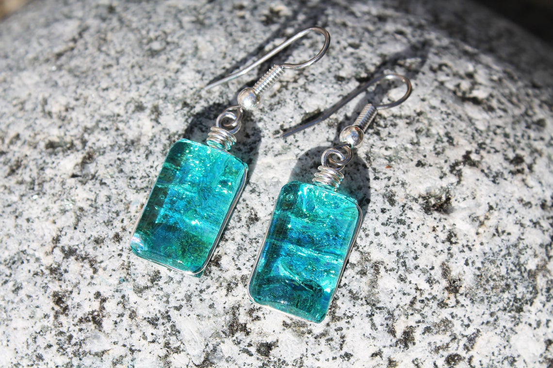 Dichroic Glass  Earrings - Caribbean Blue