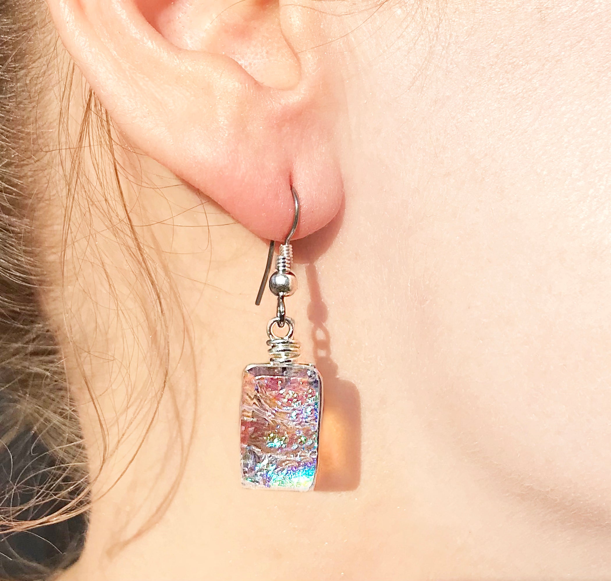 Dichroic Glass Earrings - Rainbow Clear