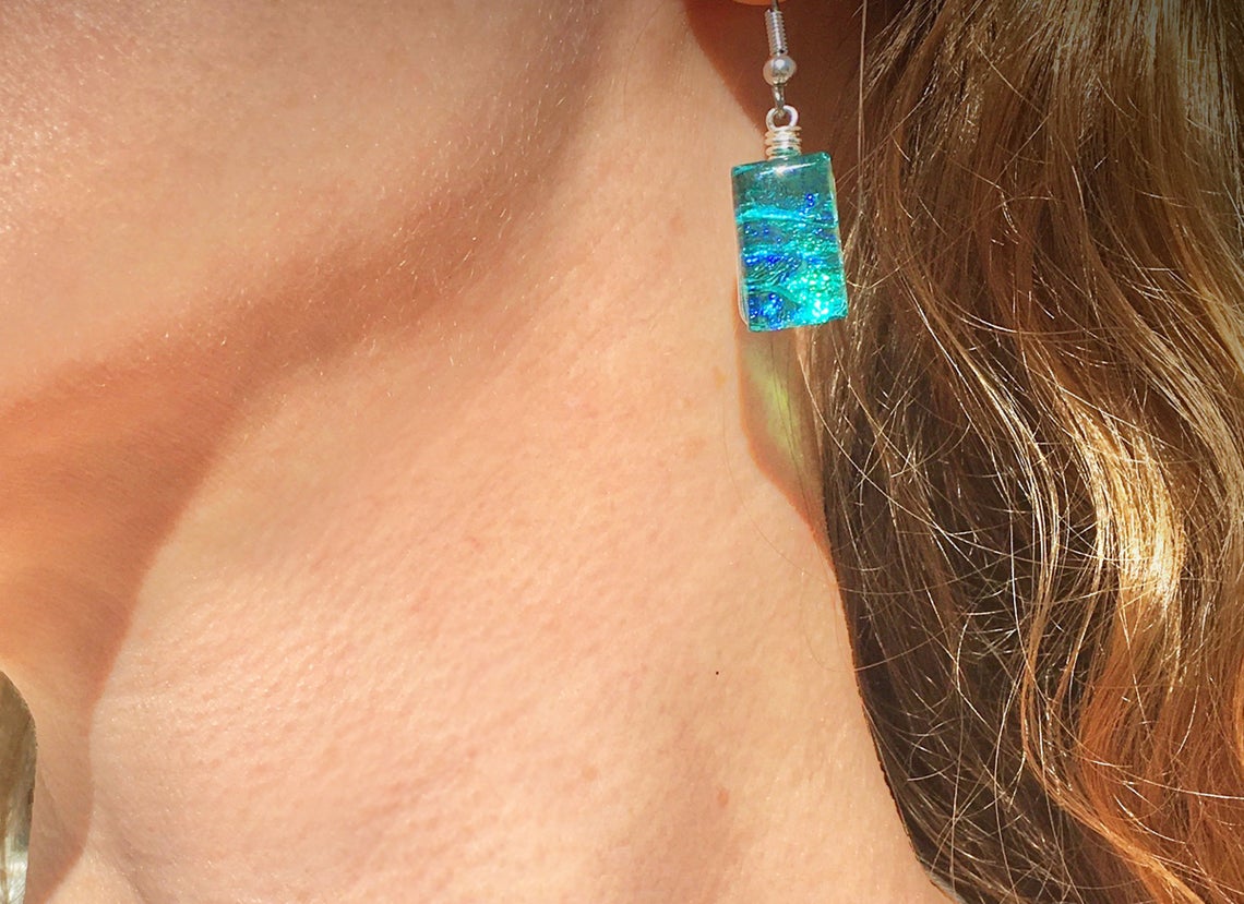 Dichroic Glass  Earrings - Caribbean Blue